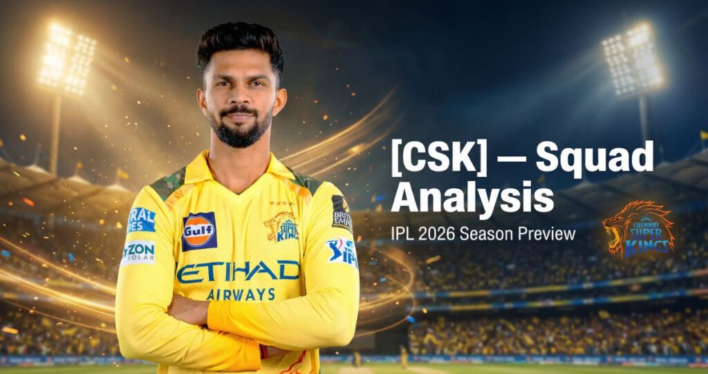 Real CSK player image enhanced with yellow cinematic stadium lighting.