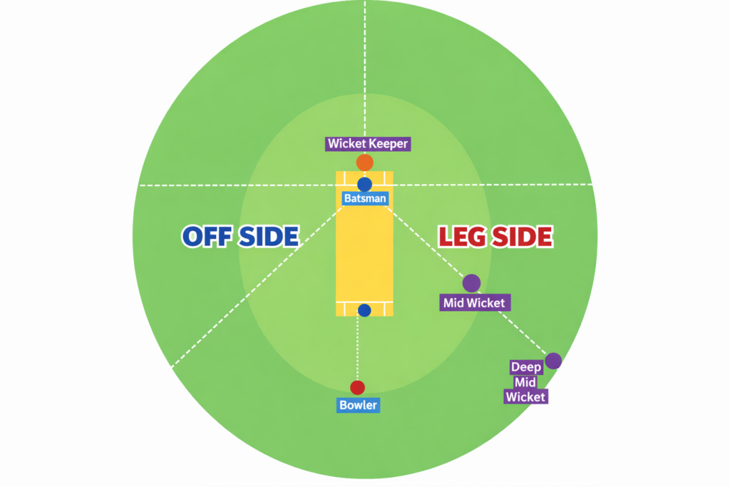 "Deep Midwicket fielding position on a cricket field"