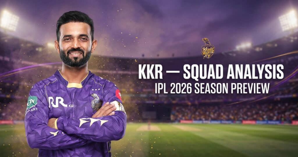 Real KKR player image enhanced with purple cinematic stadium lighting.