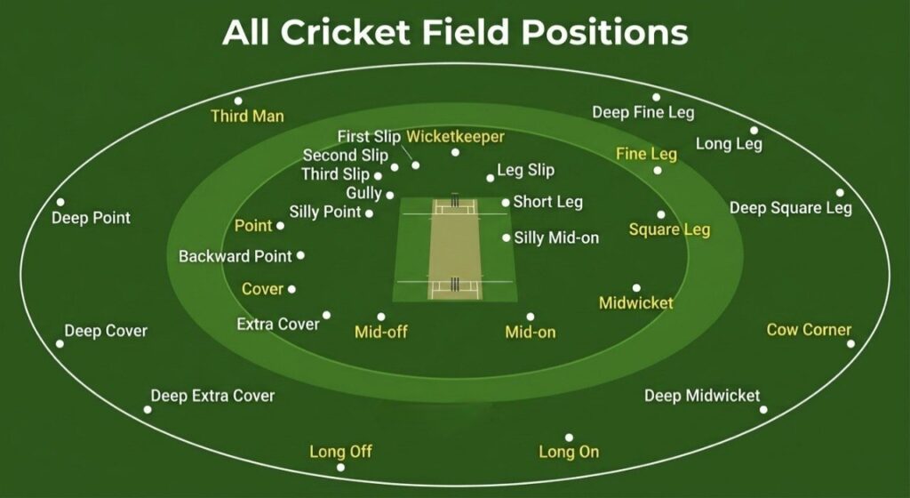 Complete cricket field diagram showing all fielding positions labeled on a green oval ground