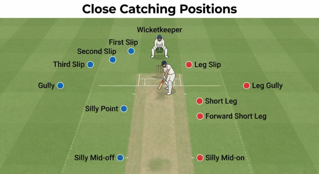 Cricket close catching fielding positions image
showing slip, gully, silly point, leg slip, short leg, silly mid-off and silly mid-on