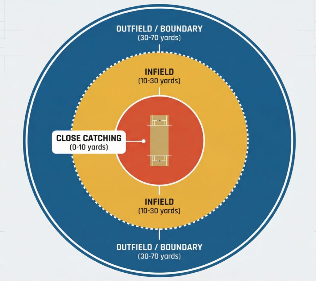 Cricket field depth zones diagram showing close catching
infield and outfield boundary zones