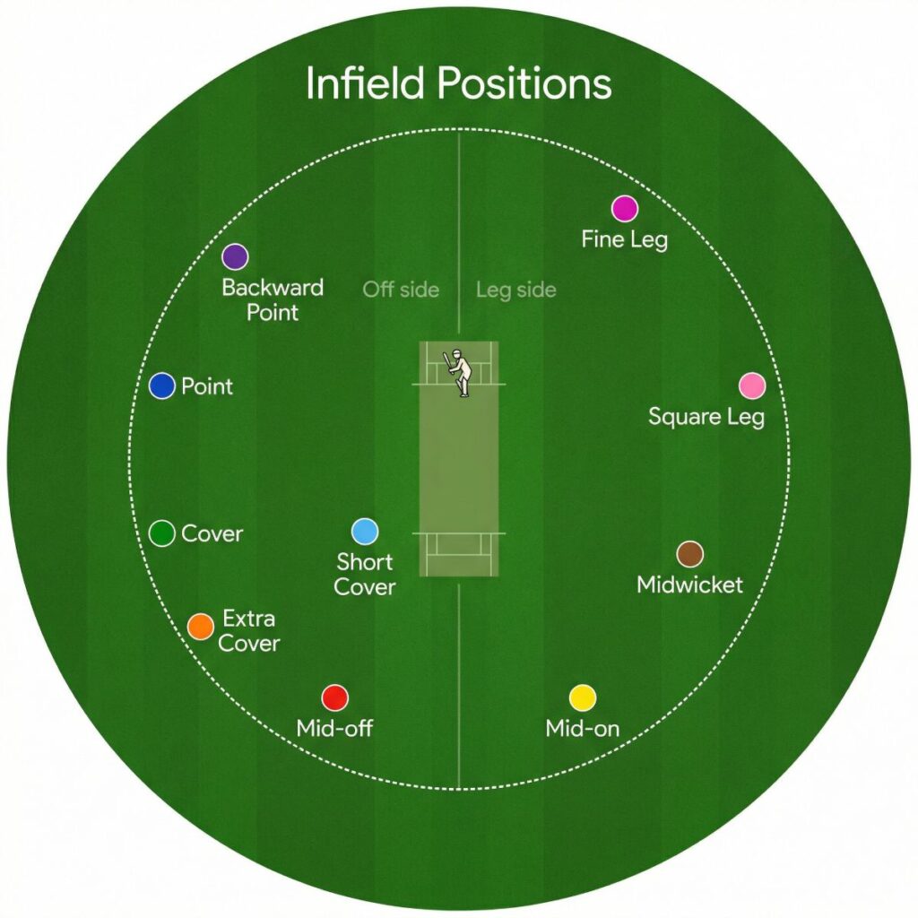 Cricket infield fielding positions diagram showing
point, cover, midwicket and other inner ring positions.