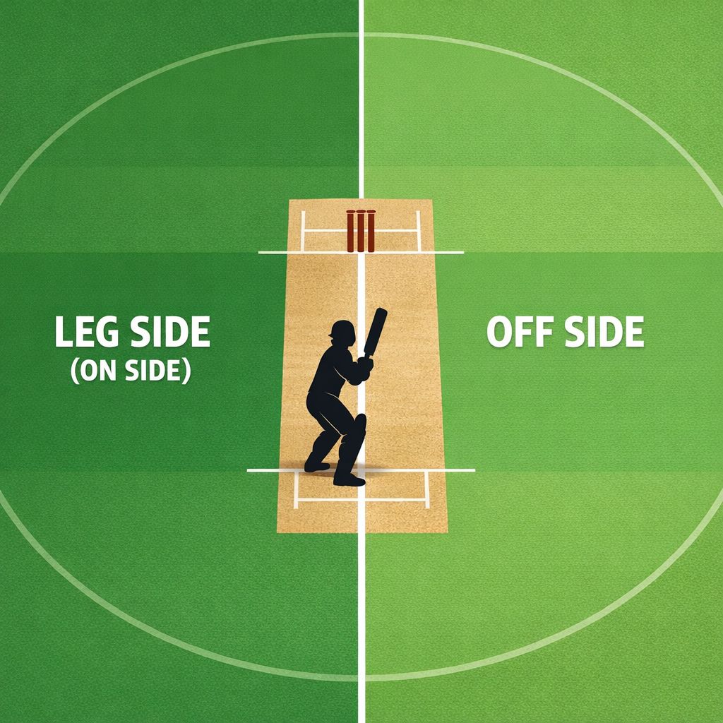 Cricket field diagram showing off side and leg side
division for a right-handed batter