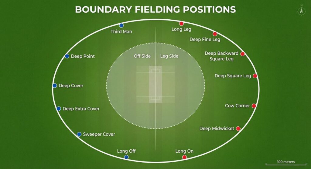 Cricket outfield boundary fielding positions diagram
showing deep midwicket, long on, long off, third man and other boundary fielding positions