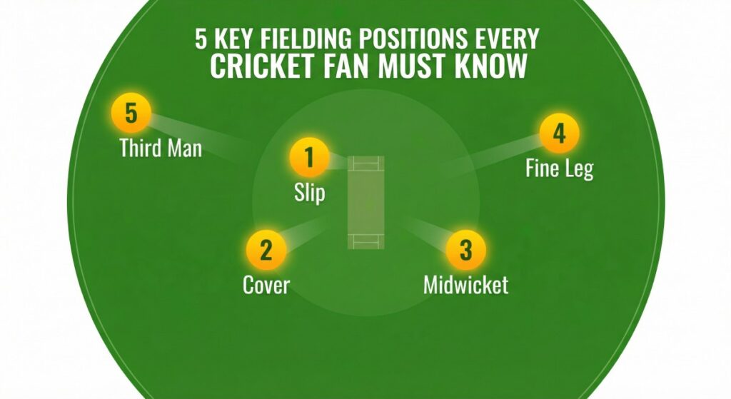 Five essential cricket fielding positions every fan should know including slip, cover and midwicket