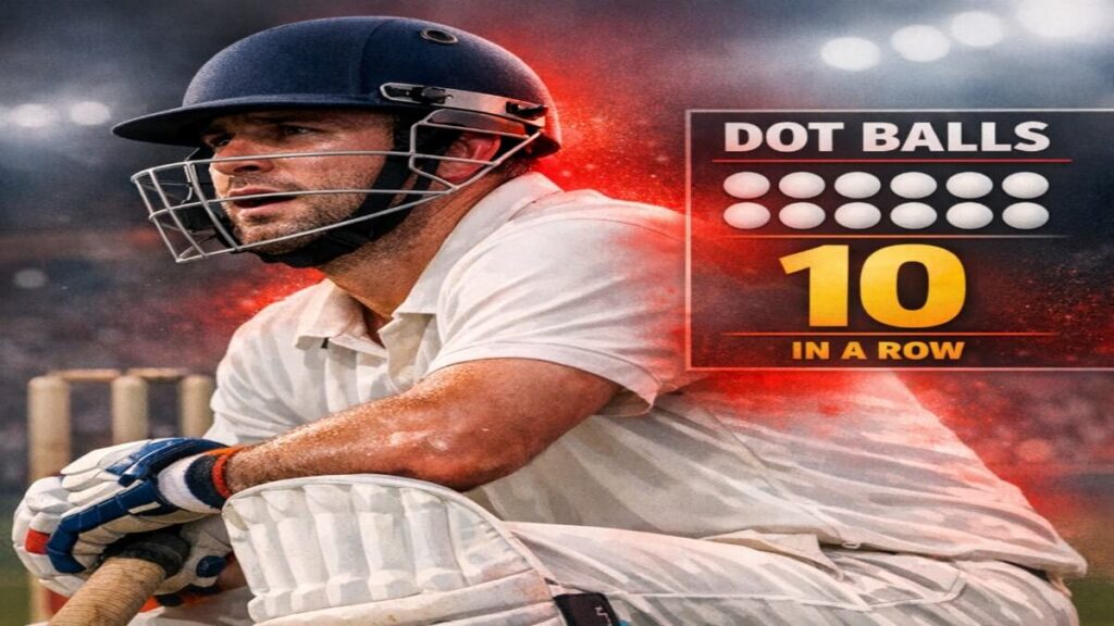 T20 batsman under pressure after multiple dot balls with scoreboard highlighting rising dot ball count during IPL innings