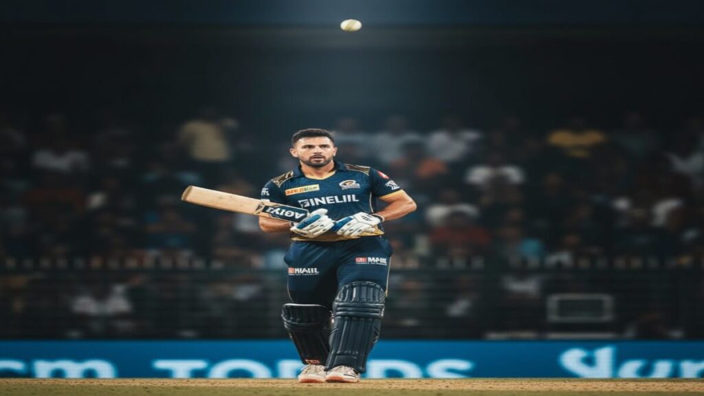 Calm cricket finisher executing controlled shot under pressure in IPL match demonstrating clutch performance