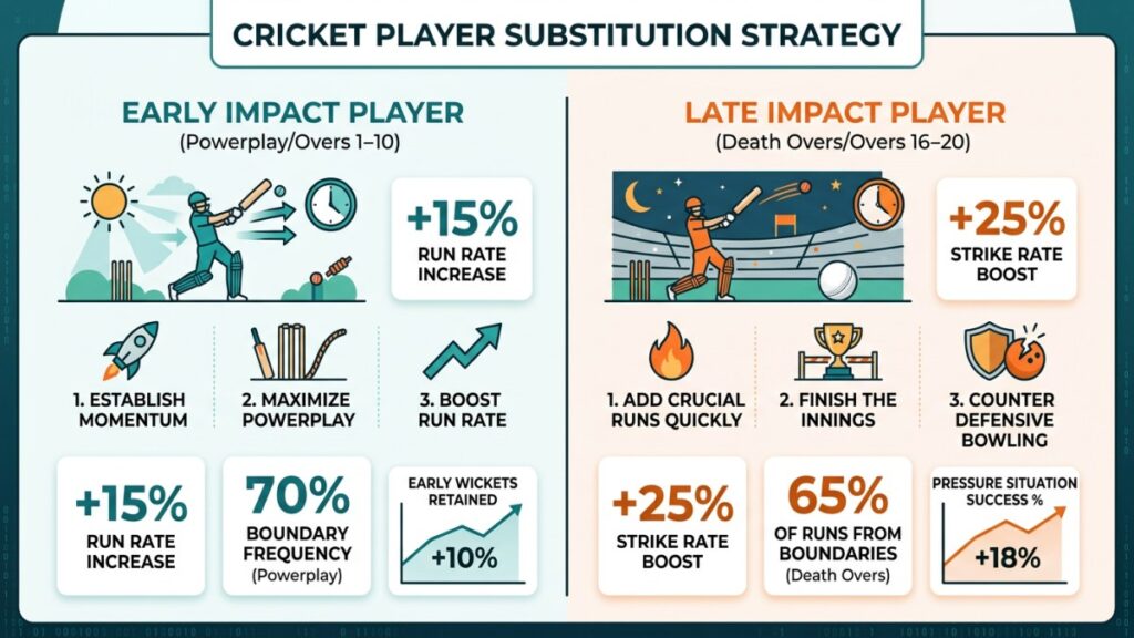 IPL 2026 impact player substitution timing statistics showing win rate comparison between early and late usage