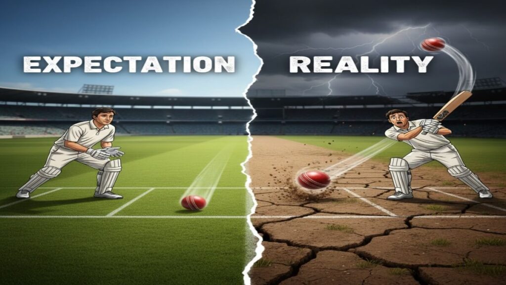 Cricket pitch showing unexpected bounce and seam movement as batsman misjudges conditions during IPL match